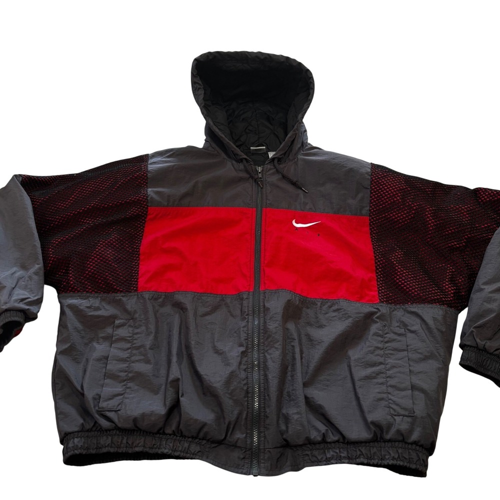 Vintage‎ 1990s Nike Air Hooded Puffer Jacket Black Red Mesh Swoosh XL (D3)
